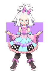 Rule 34 | 1girl, alternate costume, aqua eyes, blue eyes, blush, boots, bow, commission, creatures (company), dress, eyelashes, forehead, frilled dress, frills, game freak, gym leader, hair bobbles, hair bow, hair ornament, hair up, highres, inkerton-kun, lolita fashion, looking at viewer, nintendo, off shoulder, patchwork clothes, pink bow, pokemon, pokemon bw2, polka dot, roxie (pokemon), smile, solo, tomboy, tongue, tongue out, white hair, wrist cuffs