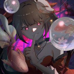 Rule 34 | 1girl, absurdres, bare shoulders, bell, black choker, bow, brown hair, choker, closed mouth, collarbone, dark, dress, finger to mouth, fox mask, glowing pupils, hair bow, head tilt, heart, heart-shaped pupils, highres, honkai: star rail, honkai (series), index finger raised, long hair, looking at viewer, mask, mask on head, neck bell, pink eyes, portrait, red bow, red dress, sidelocks, sleeveless, sleeveless dress, smile, solo, sparkle (honkai: star rail), symbol-shaped pupils, tsuru doguu, twintails