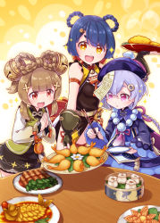 Rule 34 | 3girls, :d, all-delicacy parcels (genshin impact), bare shoulders, bell, black dress, black gloves, black jacket, black nails, blue dress, blue hair, blue headwear, braid, braided hair rings, brown eyes, brown hair, chopsticks, commentary request, cropped jacket, dress, fingerless gloves, food request, genshin impact, gloves, hair bell, hair ornament, hair rings, harada (sansei rain), hat, highres, holding, holding chopsticks, holding plate, jacket, jewelry, long hair, long sleeves, multiple girls, nail polish, open mouth, palms together, plate, purple eyes, purple hair, qingdai guanmao, qiqi (genshin impact), red eyes, short eyebrows, single braid, sleeveless, sleeveless dress, smile, teeth, thick eyebrows, twin braids, upper teeth only, v-shaped eyebrows, very long hair, wide sleeves, xiangling (genshin impact), yaoyao (genshin impact)
