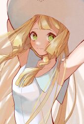 Rule 34 | 1girl, blonde hair, blush, braid, closed mouth, collarbone, collared dress, commentary request, creatures (company), dress, eyelashes, game freak, green eyes, hat, highres, lillie (pokemon), long hair, looking at viewer, nintendo, pokemon, pokemon sm, sleeveless, sleeveless dress, smile, solo, sun hat, sundress, twin braids, ume (ume 445), white dress, white hat