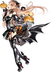 Rule 34 | 1girl, bat wings, black dress, black thighhighs, breasts, brown eyes, candle, clothing cutout, cross-laced clothes, cross-laced cutout, dress, fake wings, fang, fang out, full body, garter straps, halloween, halloween costume, jack-o&#039;-lantern, johnston (kancolle), kantai collection, light brown hair, long hair, looking at viewer, looking to the side, machinery, medium breasts, off shoulder, official art, pointy ears, thighhighs, transparent background, two side up, vampire, vampire costume, wings, zeco