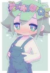 Rule 34 | 1boy, ahoge, basil (headspace) (omori), basil (omori), blue overalls, blush, closed mouth, clothes pull, commentary request, cowboy shot, embarrassed, flower, flying sweatdrops, green eyes, green hair, hair between eyes, head wreath, highres, looking at viewer, male focus, nipples, omori, overalls, pink pupils, pixel art, short hair, shy, sidelocks, sweat, tagme, topless, topless male, trap, wavy mouth