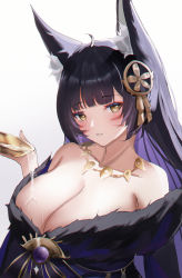 Rule 34 | 1girl, absurdres, ahoge, animal ear fluff, animal ears, azur lane, bare shoulders, black hair, blunt bangs, blush, breasts, cleavage, collarbone, colored inner hair, cup, facial mark, fox ears, fox girl, fur trim, hair ornament, highres, holding, holding cup, jewelry, large breasts, long hair, looking at viewer, mitsudomoe (shape), multicolored hair, musashi (azur lane), neck ring, parted lips, pouring, pouring onto self, purple hair, sakazuki, solo, tomoe (symbol), upper body, usagi (786113654), yellow eyes