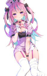 Rule 34 | 1girl, bandaged leg, bandages, between legs, blue hair, blush, breasts, cleavage, closed mouth, commentary request, cropped jacket, dress, feet out of frame, garter straps, gloves, hand between legs, hat, highres, hololive, jacket, knees together feet apart, long hair, looking at viewer, medium breasts, minato aqua, multicolored hair, nurse, nurse cap, open clothes, open jacket, pilokey, pink dress, pink hair, pink hat, pink jacket, puffy short sleeves, puffy sleeves, purple eyes, short sleeves, simple background, sitting, smile, solo, streaked hair, thighhighs, two-tone hair, two side up, very long hair, virtual youtuber, white background, white gloves, white thighhighs
