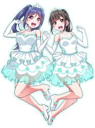Rule 34 | 2girls, :d, black eyes, black hair, blue hair, blue outline, blush, clenched hands, commentary request, dress, elbow gloves, gloves, hands up, holding hands, lace, looking at viewer, love live!, love live! school idol festival, love live! sunshine!!, matsuura kanan, multiple girls, open mouth, outline, ponytail, purple eyes, round teeth, shoes, sidelocks, simple background, smile, suwa nanaka, teeth, tiara, upper teeth only, voice actor, voice actor connection, white background, white dress, white footwear, white gloves, yopparai oni