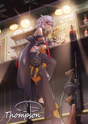 Rule 34 | 1girl, akaimame, alcohol, black pants, bottle, character name, cigarette, closed mouth, from below, full body, girls&#039; frontline, glasses, gun, headphones, headphones around neck, highres, holding, holding cigarette, looking at viewer, pants, red eyes, short hair, silver hair, sitting, solo, submachine gun, sunglasses, tavern, thompson (girls&#039; frontline), thompson submachine gun, weapon