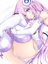 Rule 34 | 1girl, ass, bare shoulders, blue eyes, blush, boots, breasts, elbow gloves, gloves, hair between eyes, headgear, hugging own legs, iwashi dorobou -r-, knee to chest, legs folded, leotard, long hair, looking at viewer, neptune (series), pink hair, power symbol, power symbol-shaped pupils, purple sister, skin tight, skindentation, smile, solo, symbol-shaped pupils, thigh boots, thighhighs, very long hair, white gloves, white leotard, white thighhighs