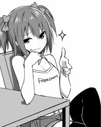 Rule 34 | 1girl, arm rest, bare shoulders, black thighhighs, bow, breasts, cleavage, crossed legs, english text, greyscale, hair between eyes, hair bow, highres, looking at viewer, monochrome, original, pointing, pointing at viewer, short hair, shorts, simple background, sitting, sky-freedom, sky (sky-freedom), small breasts, smug, solo, sparkle, table, tank top, thighhighs, two side up, white background