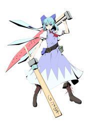 Rule 34 | 1girl, advent cirno, ascot, bag, belt, blue eyes, blue hair, bow, cirno, cross-laced footwear, dual wielding, hair bow, highres, holding, matching hair/eyes, puffy sleeves, short hair, short sleeves, solo, standing, sword, taida jun, touhou, weapon, white background