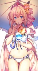 Rule 34 | 1girl, bare shoulders, bikini, blonde hair, blue ribbon, breasts, commentary, cowboy shot, cup, drink, drinking, drinking glass, drinking straw, europa (granblue fantasy), europa (summer) (granblue fantasy), flower, glass, gluteal fold, granblue fantasy, hair flower, hair ornament, highleg, highleg bikini, highres, kingyo 114, looking at viewer, medium breasts, navel, ribbon, short hair, solo, standing, stomach, swimsuit, symbol-only commentary, thigh gap, thighs, tiara, white bikini