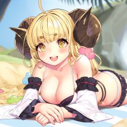 Rule 34 | 1girl, ahoge, anila (granblue fantasy), anila (summer) (granblue fantasy), ass, bikini, blonde hair, blush, breasts, butt crack, cleavage, draph, front-tie top, granblue fantasy, highres, horns, kuro chairo no neko, large breasts, long hair, looking at viewer, lying, on stomach, open mouth, sheep horns, short eyebrows, smile, solo, swimsuit, white bikini, yellow eyes