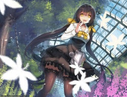 Rule 34 | 1girl, dress, frilled dress, frilled shirt, frilled skirt, frills, greenhouse, hair between eyes, hair ornament, hair ribbon, hairclip, hand on own face, highres, long hair, open mouth, original, ribbon, shirt, skirt, smile, thighhighs, twintails, vierzeck, watering can, yellow eyes, yellow ribbon