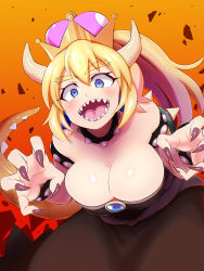 Rule 34 | 1girl, armlet, bare shoulders, black dress, black nails, blonde hair, blue eyes, bowsette, bracelet, breasts, cleavage, collar, commentary request, crown, dress, eyebrows, fingernails, gradient background, highres, horns, jewelry, konboi-eg, large breasts, long hair, mario (series), nail polish, new super mario bros. u deluxe, nintendo, open mouth, orange background, ponytail, sharp teeth, solo, spiked armlet, spiked bracelet, spiked collar, spikes, super crown, teeth, thick eyebrows