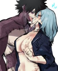 Rule 34 | 1boy, 1girl, absurdres, black hair, black jacket, blue eyes, boku no hero academia, breasts, burn scar, burnt, cleavage, dabi (boku no hero academia), face-to-face, forehead-to-forehead, genderswap, genderswap (mtf), grey hair, hair between eyes, heads together, highres, imminent kiss, jacket, kurenaiz (kuayrenaiz), large breasts, long hair, looking at another, medium hair, messy hair, midriff, muscular, muscular male, open mouth, piercing, popped collar, red eyes, revealing clothes, scar, shigaraki tomura, simple background, slap mark, stitched face, stitches, tongue, tongue out, topless male, white background