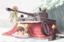 Rule 34 | 10s, 1girl, 2010, 2012, animal costume, animal hat, animal print, armored vehicle, bamboo, black hair, blush, boots, brown hair, cannon, cat, character request, closed eyes, hat, kotatsu, lying, military, military vehicle, motor vehicle, new year, on stomach, original, paintbrush, pillow, rokushou, shide, short hair, sleeping, source request, standing, table, tank, tiger costume, tiger hat, tiger i, tiger print, translation request, under covers, vehicle