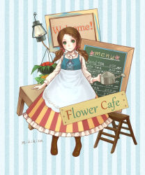 Rule 34 | 1girl, aged down, apron, bad id, bad pixiv id, blouse, blush, boots, bow, braid, brown footwear, brown hair, chalkboard, dress, dress shirt, english text, flower, flower pot, frills, green eyes, ladder, lantern, leaf, menu, mikihisa415, original, plant, ribbon, rope, shirt, sign, signature, solo, step ladder, striped background, striped clothes, striped dress, table, twintails, watering can