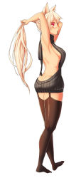Rule 34 | 00s, 1girl, animal ears, aran sweater, armpits, ass, backless dress, backless outfit, bad id, bad pixiv id, bare back, black sweater, black thighhighs, blonde hair, breasts, butt crack, cable knit, cat ears, closed mouth, dress, dungeon and fighter, from side, full body, garter straps, gooak, halterneck, highres, large breasts, long hair, looking at viewer, looking back, meme attire, naked sweater, profile, raised eyebrows, red eyes, ribbed sweater, sideboob, simple background, smile, solo, sweater, sweater dress, thighhighs, thighs, turtleneck, turtleneck sweater, tying air, virgin killer sweater, white background