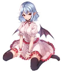 Rule 34 | 1girl, bat wings, black thighhighs, blue hair, blush, circle skirt, commentary, dress, frills, full body, hair between eyes, highres, junior27016, looking at viewer, neck ribbon, no headwear, no shoes, pink dress, pointy ears, puffy short sleeves, puffy sleeves, red eyes, red ribbon, remilia scarlet, ribbon, short hair, short sleeves, simple background, sitting, smile, solo, thighhighs, thighs, touhou, wariza, white background, wings, wrist cuffs, zettai ryouiki
