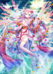 Rule 34 | 1girl, angel, angel wings, blue eyes, boots, copyright name, feathers, flower, gem, gradient wings, hair ornament, halo, ibara riato, jewelry, light rays, long hair, lots of jewelry, michael (z/x), multicolored wings, official art, petals, pink hair, ribbon, sky, sunbeam, sunlight, thigh boots, thighhighs, watermark, wings, z/x