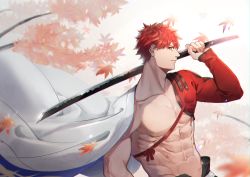 Rule 34 | 1boy, abs, absurdres, autumn leaves, cape, chicken mura, emiya shirou, fate/grand order, fate (series), highres, holding, holding sword, holding weapon, igote, katana, leaf, limited/zero over, looking at viewer, male focus, muscular, muscular male, pectorals, red hair, resolution mismatch, senji muramasa (fate), solo, source smaller, sword, topless male, upper body, weapon, yellow eyes