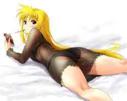 Rule 34 | 00s, 1girl, ass, blonde hair, bra, fate testarossa, food, kneepits, lingerie, long hair, looking back, lying, lyrical nanoha, mahou shoujo lyrical nanoha, mahou shoujo lyrical nanoha strikers, nekomamire, nightgown, on stomach, panties, pocky, red eyes, see-through, solo, thighs, underwear, very long hair