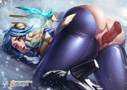 Rule 34 | 1girl, absurdres, all fours, anus, ass, bent over, blue hair, bodysuit, breasts, censored, disembodied penis, frostblade irelia, gdecy, high heels, highres, huge ass, irelia, league of legends, penis, pov, pussy, riot games, sex, solo, torn bodysuit, torn clothes, vaginal, watermark, yellow eyes