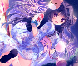 Rule 34 | 1girl, :d, bag, blush, cup, drinking straw, dutch angle, festival, fireworks, food, food stand, from behind, hair intakes, japanese clothes, kimono, looking at viewer, looking back, mask, mask on head, night, night sky, obi, open mouth, pouch, purple eyes, purple hair, sash, shaved ice, shoe soles, sky, smile, solo, spoon, summer festival, walking, yukata, yukie (peach candy)