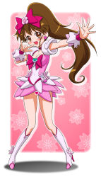 Rule 34 | 1girl, \m/, blush, boots, bow, breasts, brooch, brown eyes, brown hair, censored, cleavage, cosplay, cure blossom, cure blossom (cosplay), dress, earrings, floral background, gambler club, hair bow, heart, heart brooch, heartcatch precure!, jewelry, knee boots, kohsaka jun, long hair, magical girl, no panties, novelty censor, pink background, pink bow, ponytail, precure, smile, solo, taneshima popura, working!!