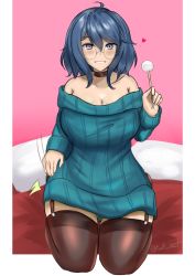 Rule 34 | 1girl, absurdres, bare shoulders, black thighhighs, blue eyes, blue hair, blue sweater, blush, breasts, choker, cleavage, collarbone, garter straps, glasses, grin, heart, highres, lap pillow invitation, large breasts, lips, long sleeves, looking at viewer, mimikaki, off-shoulder sweater, off shoulder, original, parted lips, ribbed sweater, round eyewear, short hair, smile, solo, sweater, teeth, thighhighs, twitter username, zet (twt zet)