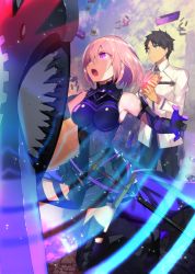 Rule 34 | 1boy, 1girl, armor, armored dress, black hair, blocking, blue eyes, blue sky, breasts, cloud, cloudy sky, elbow gloves, fate/grand order, fate (series), fujimaru ritsuka (male), gloves, greaves, hair over one eye, holding, holding shield, knee up, kneeling, large breasts, looking up, mash kyrielight, open mouth, outdoors, purple eyes, purple gloves, purple hair, purple thighhighs, sheath, sheathed, shield, short hair, sky, standing, sword, tetsubuta, thighhighs, weapon