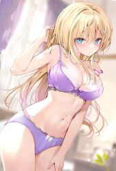 Rule 34 | 1girl, arm up, bare arms, bare shoulders, blonde hair, blue eyes, blurry, blurry background, blush, bow, bow bra, bow panties, bra, breasts, cleavage, closed mouth, comiket 103, commentary request, curtains, depth of field, hair between eyes, hair ornament, hand in own hair, indoors, lace, lace-trimmed bra, lace-trimmed panties, lace trim, large breasts, long hair, looking at viewer, navel, original, panties, pon (ponidrop), purple bra, purple panties, solo, strap slip, underwear, underwear only, very long hair, window