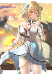 Rule 34 | 1girl, absurdres, bare shoulders, blonde hair, blush, breasts, bug, chumugi, cleavage, clothes lift, cowboy shot, dress, firefly, flower, genshin impact, hair flower, hair ornament, hand on own chest, highres, insect, large breasts, lifted by self, looking at viewer, lumine (genshin impact), pantyhose, skirt, skirt lift, smile, solo, white dress, white pantyhose, yellow eyes