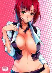 Rule 34 | 1girl, amari yuki, bow, bowtie, breasts, cleavage, green eyes, hand on own hip, hand on own chest, large breasts, looking at viewer, midriff, navel, open clothes, open shirt, red hair, rio rollins, shirt, smile, solo, super blackjack