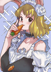 Rule 34 | 1girl, animal nose, aosora2823, black eyes, blonde hair, blush, carrot, carrot (one piece), eating, female focus, looking at viewer, maid, one piece, rabbit ears
