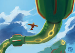 Rule 34 | aircraft, airplane, artist name, blue sky, cloud, cloudy sky, commentary, creatures (company), dated, day, english commentary, flying, game freak, gen 3 pokemon, giant, giant monster, glowing, highres, legendary pokemon, natizilda, nintendo, pokemon, pokemon (creature), rayquaza, sky