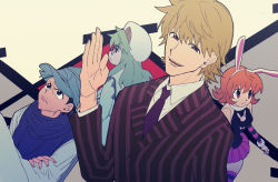 Rule 34 | 2boys, animal ears, animal print, blonde hair, blouse, cheadle yorkshire, collared shirt, facial hair, formal, frown, ging freecss, green hair, hand up, hat, highres, hunter x hunter, jacket, multiple boys, official style, orange hair, pariston hill, pittan (piitapitapita), piyon (hunter x hunter), rabbit ears, rabbit girl, rabbit print, shirt, short hair, smile, solo focus, striped clothes, striped jacket, striped thighhighs, suit, thighhighs, vertical-striped clothes, vertical-striped jacket, white shirt