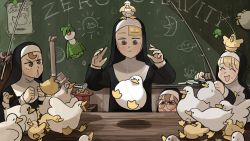 Rule 34 | &gt; &lt;, 4girls, :d, ^ ^, animal, animal on head, bird, bird on head, broccoli, bubble, bubble pipe, chalk, chalkboard, chicken, chocolate chip cookie, clenched hand, clinging, closed eyes, clumsy nun (diva), cookie, cracked egg, deception, diva (hyxpk), doll, drawing, duck, duckling, eggshell, falling, feathers, fishing line, fishing rod, food, food on face, frog, froggy nun (diva), glasses, glasses nun (diva), habit, hat, highres, little nuns (diva), monocle, mouth hold, multiple girls, nun, on head, one eye closed, open mouth, ostrich, poster (object), shadow, smile, sparkling eyes, spicy nun (diva), spread wings, squinting, string, surprised, sweatdrop, top hat, traditional nun, triangle mouth, watching, worm