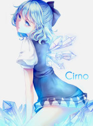 Rule 34 | 1girl, blue eyes, blue hair, bow, character name, cirno, dress, hair bow, ice, ling (vivianling), matching hair/eyes, open mouth, ribbon, short hair, solo, touhou, wings