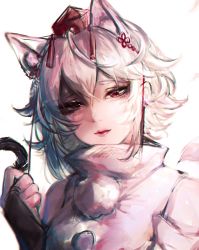 Rule 34 | 1girl, animal ear fluff, animal ears, bare shoulders, breasts, bridal gauntlets, detached sleeves, feathers, hat, highres, holding, holding feather, inubashiri momiji, kyogoku-uru, light smile, lips, looking at viewer, medium breasts, nostrils, pom pom (clothes), red eyes, short hair, silver hair, simple background, solo, tail, tokin hat, touhou, turtleneck, upper body, white background, wolf ears, wolf tail