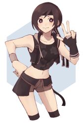 Rule 34 | 1girl, bare shoulders, black shirt, black thighhighs, black vest, breasts, brown eyes, brown hair, brown shorts, collarbone, crop top, cropped legs, cropped vest, final fantasy, final fantasy vii, final fantasy vii advent children, fingerless gloves, floral print, gloves, hand on own hip, headband, highres, kingdom hearts, kingdom hearts ii, looking at viewer, medium breasts, midriff, navel, nitoya 00630a, official alternate costume, print shirt, shirt, short shorts, shorts, single fingerless glove, smile, solo, swept bangs, thighhighs, v, vest, waist cape, wristband, yuffie kisaragi