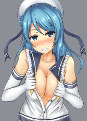 Rule 34 | 1girl, bad id, bad pixiv id, bare shoulders, blue eyes, blue hair, blush, breasts, breasts squeezed together, cleavage, clothes, collarbone, doughnut, elbow gloves, food, french cruller, gloves, grey background, grin, hat, highres, kantai collection, large breasts, long hair, looking at viewer, neck, neckerchief, open clothes, sailor, sailor hat, school uniform, serafuku, simple background, sleeves rolled up, smile, solo, taking off, terakoya, upper body, urakaze (kancolle), white hat, yellow neckerchief