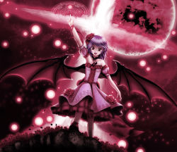 Rule 34 | 1girl, adapted costume, alternate costume, bare shoulders, bat wings, cross, danmaku, dress, female focus, flower, from below, hair flower, hair ornament, hand up, light purple hair, magic circle, no headwear, no headwear, open mouth, petals, pink theme, pointing, pointing up, red eyes, red flower, red rose, red theme, remilia scarlet, ribbon, rose, rose petals, short hair, skyspace, smile, solo, touhou, wings, wrist ribbon