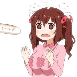 Rule 34 | 1girl, @ @, blush, bread, breasts, brown eyes, brown hair, collared shirt, ebina nana, flying sweatdrops, food, hair between eyes, hair ornament, himouto! umaru-chan, kiritanpo (food), large breasts, long hair, long sleeves, open mouth, pink shirt, sexually suggestive, shirosato, shirt, shrimp hair ornament, simple background, smoke, solo, translated, two side up, wavy mouth, white background