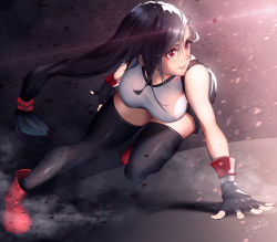 Rule 34 | 1girl, action, balancing, battle, bent over, black hair, black skirt, boots, breasts, fighting stance, final fantasy, final fantasy vii, final fantasy vii remake, fingerless gloves, floating hair, gloves, hair tie, hand on ground, highres, large breasts, laser, laser pointer projection, laser sight, long hair, looking ahead, looking up, low-tied long hair, miniskirt, outstretched leg, red eyes, red footwear, signature, skirt, smile (qd4nsvik), smirk, smoke, solo, sparks, square enix, steam, tank top, thighhighs, tifa lockhart, v-shaped eyebrows, white tank top, zettai ryouiki