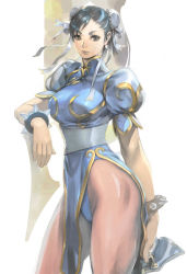 Rule 34 | 1girl, black eyes, black hair, bracelet, breasts, brown pantyhose, bun cover, capcom, chinese clothes, chun-li, double bun, earrings, hair bun, highres, jewelry, large breasts, looking at viewer, pantyhose, pelvic curtain, short hair, solo, spiked bracelet, spikes, street fighter, thick thighs, thighs, yasuda akira