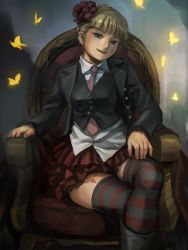 Rule 34 | 00s, 1girl, beatrice (umineko), blonde hair, blue eyes, bug, butterfly, chair, crossed legs, ekusa takahito, insect, necktie, official art, pink necktie, sitting, skirt, socks, solo, striped clothes, striped socks, striped thighhighs, thighhighs, umineko no naku koro ni, zettai ryouiki