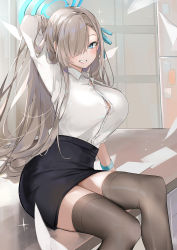 Rule 34 | 1girl, arm behind head, arm up, asuna (blue archive), black skirt, blouse, blue archive, blue eyes, breasts, button gap, dema hmw, dress shirt, flying paper, grey hair, grey thighhighs, grin, hair over one eye, halo, high-waist skirt, highres, holding, holding own hair, large breasts, long hair, long sleeves, looking at viewer, miniskirt, office lady, on table, paper, partially unbuttoned, pencil skirt, shirt, shirt tucked in, sitting, skirt, smile, solo, table, thighhighs, very long hair, white shirt, wristband, zettai ryouiki