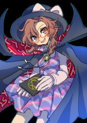 Rule 34 | 1girl, :d, brown eyes, brown hair, cape, clothes writing, hat, hat ribbon, hexagram, highres, ifelt (tamaki zutama), low twintails, open mouth, pleated skirt, ribbon, shirt, skirt, smile, solo, tablet pc, touhou, twintails, usami sumireko, vest