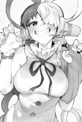 Rule 34 | 1girl, absurdres, angel wings, blush, breasts, bright pupils, claw pose, clenched teeth, dress, greyscale, grin, hair over one eye, highres, large breasts, long hair, looking at viewer, monochrome, multicolored hair, nail polish, niwarhythm, one piece, one piece film: red, shiny skin, simple background, single sleeve, smile, solo, standing, teeth, two-tone background, two-tone hair, uta (one piece), very long hair, white background, white hair, wide hips, wings