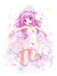 Rule 34 | 10s, 1girl, ahoge, animal ears, bare shoulders, blush, dog days, dog ears, dog girl, dog tail, dress, hair down, headset, highres, long hair, md5 mismatch, millhiore f. biscotti, petals, pink hair, purple eyes, solo, sota, tail, thighs, white dress, wrist cuffs
